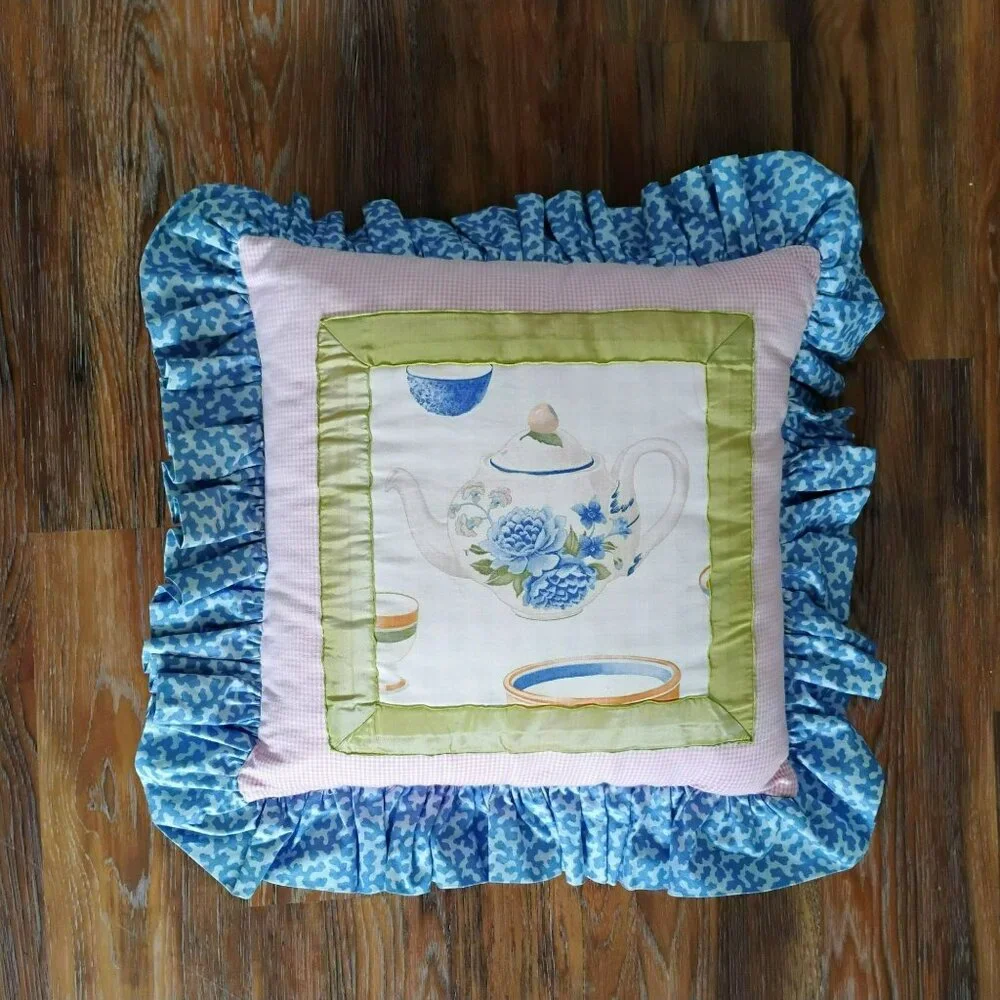 Vintage Handmade Chinoiserie Throw Pillow With Ruffle, Teapot Design, Blue Green
